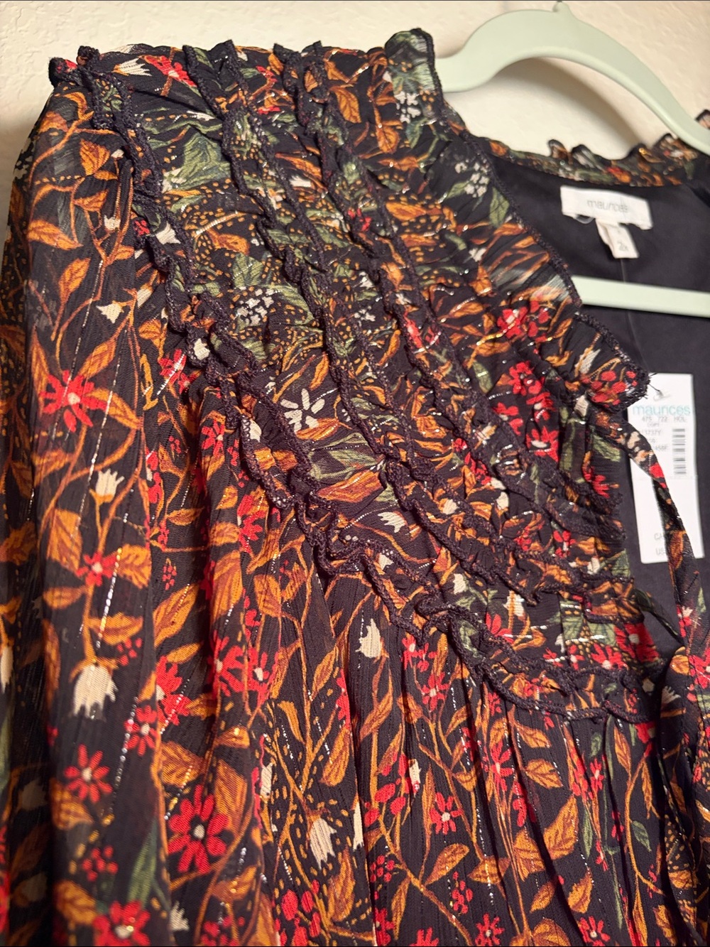 NWT Maurices Black Floral Peasant Tunic with Orange, Pink, Green Accents Size 2X - Picture 5 of 8